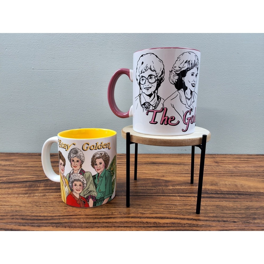 2 Golden Girls Coffee Mugs Lot DOROTHY BLANCHE SOPHIA & ROSE - Pink & Yellow